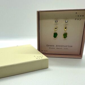 A New Day Gold Dipped Cubic Zirconia & Green Aventurine Stud Earrings 3pc